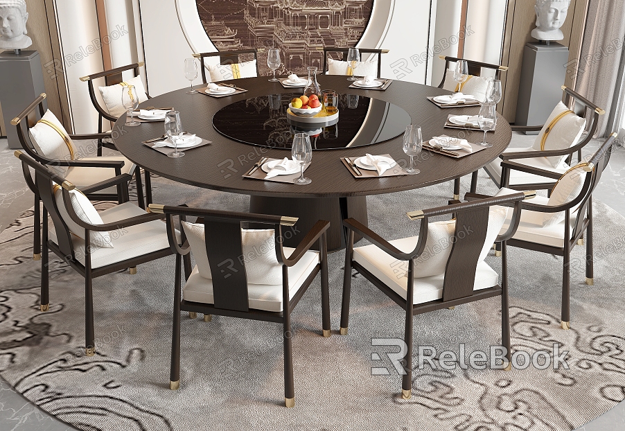 New Chinese Dining Table and Chair Room Dining Table and Chair Round Dining Table Dining Chair Single Chair Background Wall model