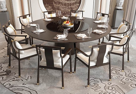 New Chinese Dining Table and Chair Room Dining Table and Chair Round Dining Table Dining Chair Single Chair Background Wall 3d model