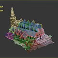 Traditional Architectural Model With Spire Tower Multiple Gabled Roofs Arched Windows And Green Plants