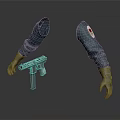 Silver Gun Weapon Displayed With Green Sleeves And Gloved Hands