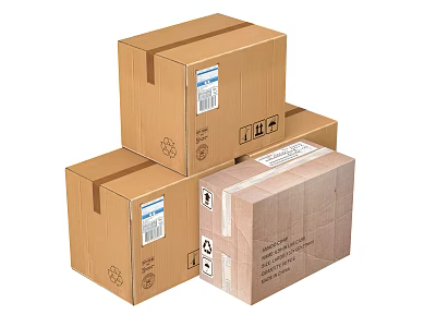 Cardboard Storage Cartons Stacked with Labels and Recycling Symbols on White Background 3d model