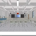 School Classroom Bright Interior With Neat Desks Chairs Whiteboard Projection Screen Ceiling Fans And Windows