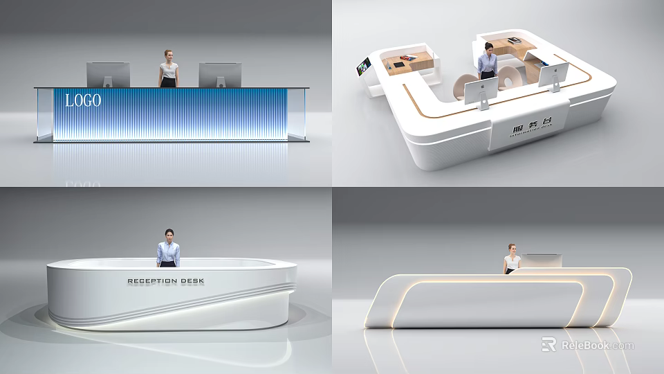 Modern Reception Desk with Curved Design Smooth Surface LED Lighting and Staff Working 3d model 