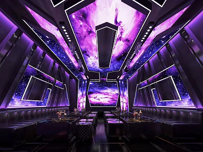 Luxury KTV Private Room With Purple Starry Sky Theme Lighting Effects Sofas And Large Screen 3d model