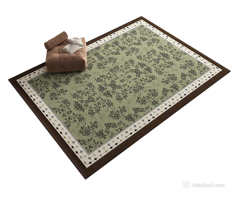 Green Square Rug With Black Floral Patterns Brown Border And Cushion Accent 3d model 