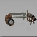 Rustic Wooden Bench Featuring Weathered Wood And Wooden Barrel With Metal Wheels