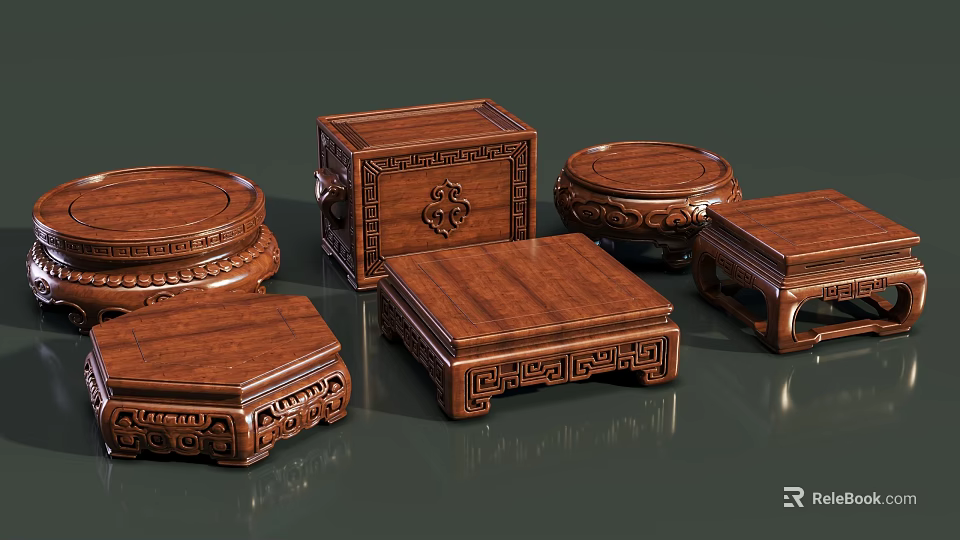 Traditional Wooden Carved Decorative Stands With Intricate Patterns In Various Shapes 3d model 