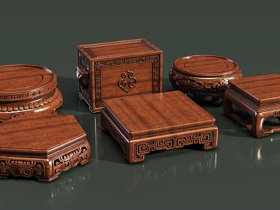 Traditional Wooden Carved Decorative Stands With Intricate Patterns In Various Shapes 3d model