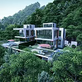 Modern Detached Villa In Lush Green Hills Featuring Swimming Pool Outdoor Loungers And Red Umbrellas