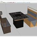 Modern Dining Table Set With Marble Top And Wooden Benches With Black Cushions