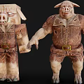 Pig like Characters 3D Model Designs With Tattered Brown Clothing Belt Blocky Humanoid Shapes