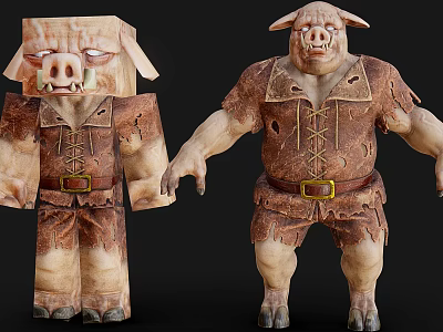 Pig like Characters 3D Model Designs With Tattered Brown Clothing Belt Blocky Humanoid Shapes 3d model