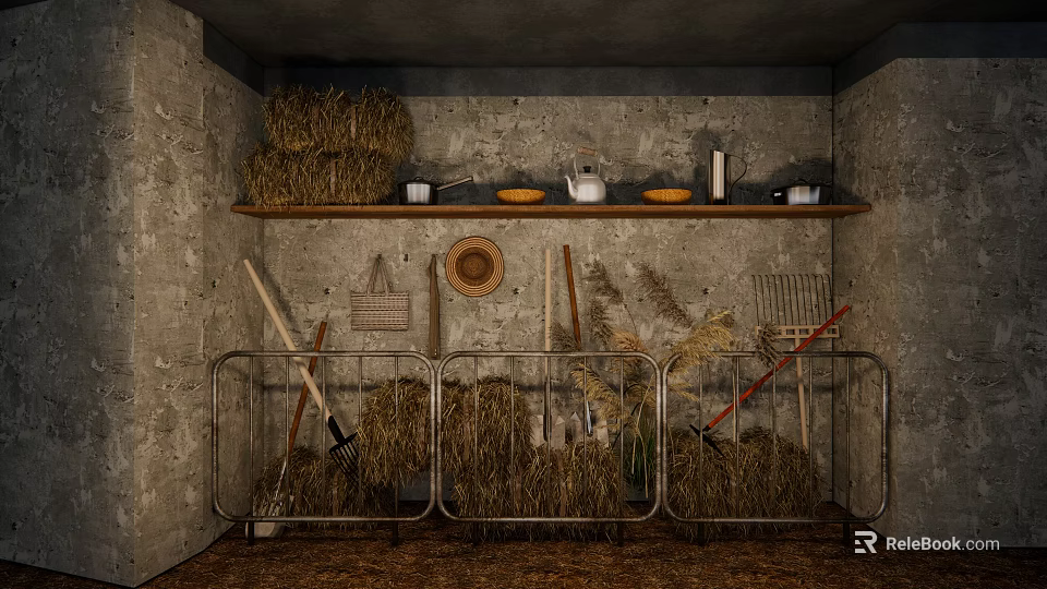 Rural Storage Room With Stone Walls Hay Bales Shelf Pots Bowls Hat And Farm Tools 3d model 