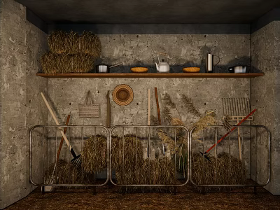 Rural Storage Room With Stone Walls Hay Bales Shelf Pots Bowls Hat And Farm Tools 3d model