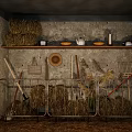 Rural Storage Room With Stone Walls Hay Bales Shelf Pots Bowls Hat And Farm Tools
