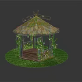 Wooden Garden Gazebo with Thatched Roof Green Moss and Vines on Grass