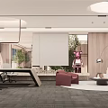 Modern Office Interior Design With Sofa Desk Bookshelves And Pendant Lights