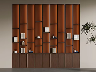 Brown Decorative Wall With Bookshelf Books Ornaments And Green Plant 3d model