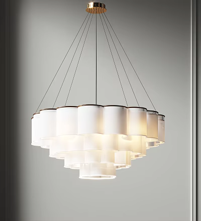 Modern White Layered Chandelier Hanging From Ceiling With Minimalist Design And Soft Light 3d model
