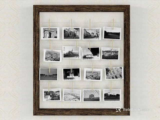 Photo Wall With Wooden Frame Strings And Multiple Hanging Black And White 3d model 