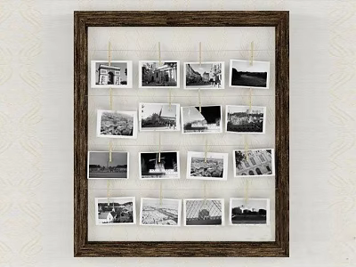 Photo Wall With Wooden Frame Strings And Multiple Hanging Black And White 3d model