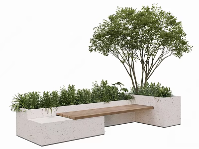 Outdoor Bench With Wooden Seat And Concrete Planters Surrounded By Green Plants And Tree 3d model