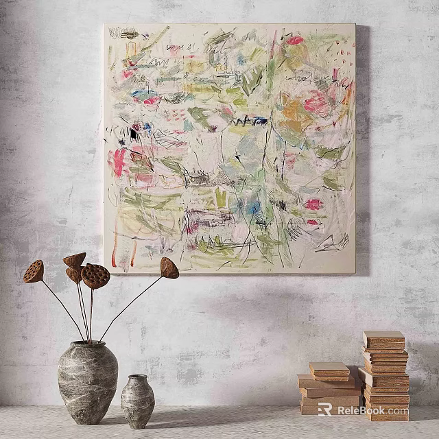 Colorful Abstract Painting on Gray Wall with Dried Flowers in Vase and Stacked Books 3d model 