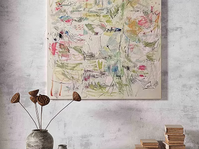 Colorful Abstract Painting on Gray Wall with Dried Flowers in Vase and Stacked Books 3d model