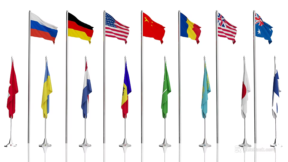 National Flags of Various Countries Displayed On Flagpoles Arranged In Row 3d model 