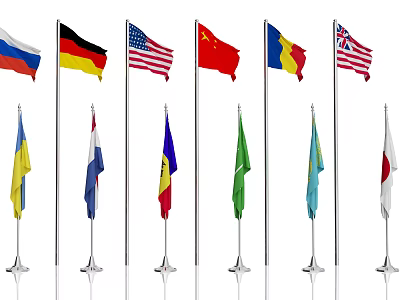 National Flags of Various Countries Displayed On Flagpoles Arranged In Row 3d model