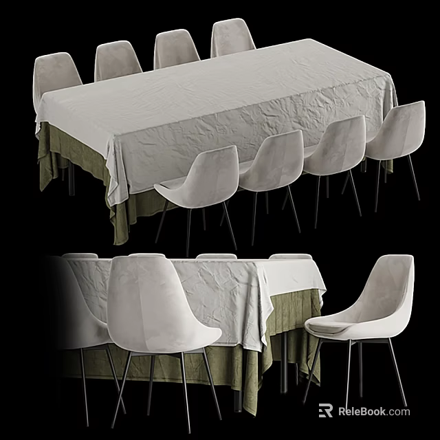 Modern Dining Table Set With White Chairs Fabric Tablecloth And Metal Legs 3d model 
