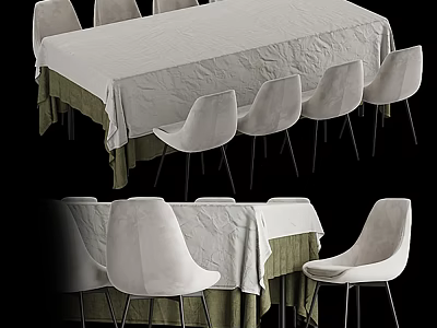 Modern Dining Table Set With White Chairs Fabric Tablecloth And Metal Legs 3d model