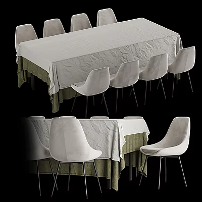 Modern Dining Table Set With White Chairs Fabric Tablecloth And Metal Legs 3d model