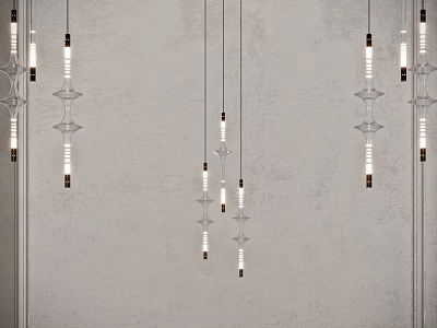 Multiple Modern Glass Chandeliers Hanging From Ceiling With Warm Light And Minimalist Design 3d model