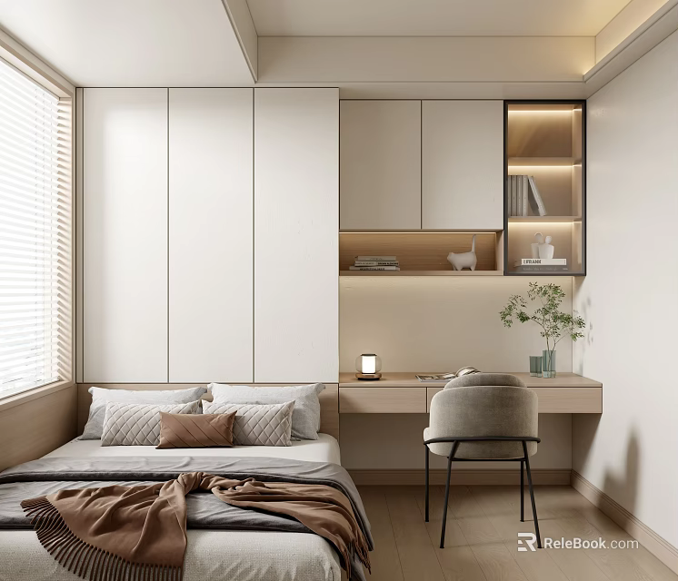 Tatami Bedroom Interior With Minimalist Design Tatami Bed Desk Chair And Lit Bookshelf 3d model 