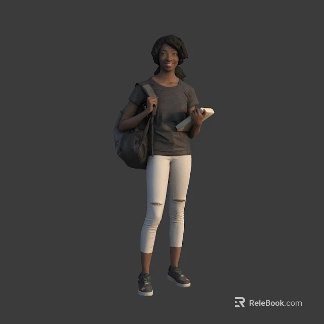 Woman Carrying Backpack And Holding Notebook Standing Against Gray Background 3d model 