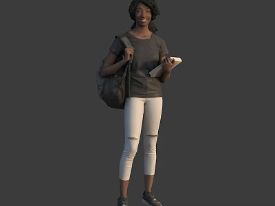 Woman Carrying Backpack And Holding Notebook Standing Against Gray Background 3d model