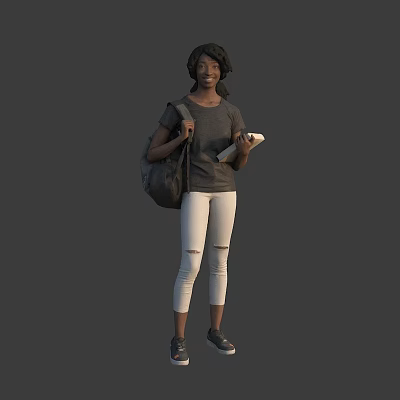 Woman Carrying Backpack And Holding Notebook Standing Against Gray Background 3d model