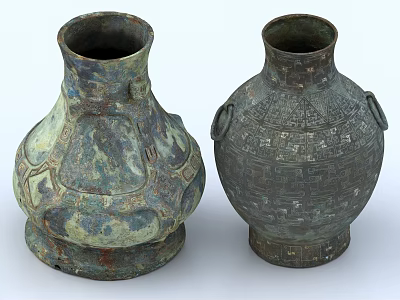 Antique Style Ceramic Vessels With Intricate Patterns Double Handles And Turquoise Green Tones 3d model