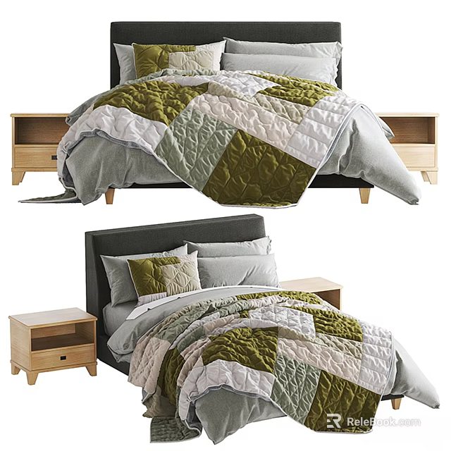 Modern Double Bed With Patchwork Quilt Green Gray Bedding And Wooden Bedside Tables 3d model 