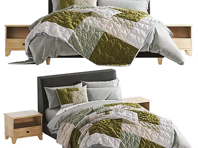 Modern Double Bed With Patchwork Quilt Green Gray Bedding And Wooden Bedside Tables 3d model