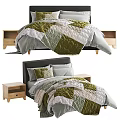 Modern Double Bed With Patchwork Quilt Green Gray Bedding And Wooden Bedside Tables