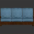 Three Seat Blue Sofa With Patterned Cushions Wooden Armrests And Base