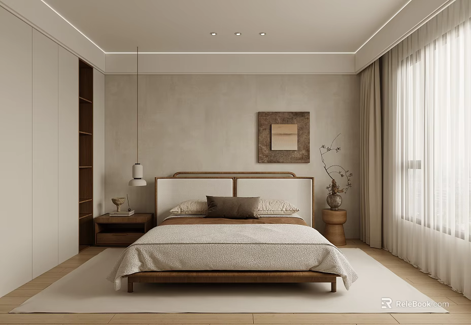 Minimalist Modern Bedroom With Wooden Bed Beige Walls Light Curtains And Wooden Floor Rug 3d model 