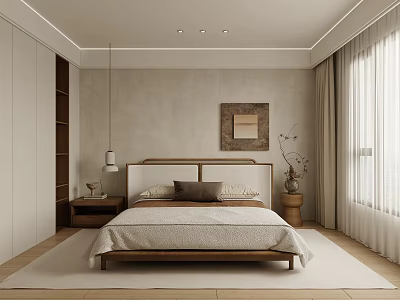 Minimalist Modern Bedroom With Wooden Bed Beige Walls Light Curtains And Wooden Floor Rug 3d model