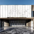 Modern Entrance Hall With Vertical Metal Slats Ceiling Lighting And Marble Floor