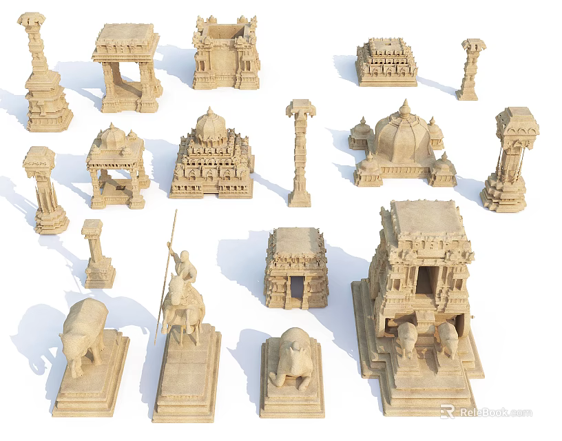 Traditional Stone Carving Models Featuring Temple Towers Pavilions Pillars Elephant And Horse Rider Statues 3d model 