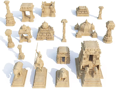 Traditional Stone Carving Models Featuring Temple Towers Pavilions Pillars Elephant And Horse Rider Statues 3d model