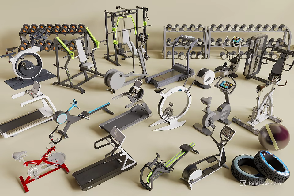 Diverse Fitness Equipment Collection For Home Gym With Treadmills Dumbbells And Machines 3d model 