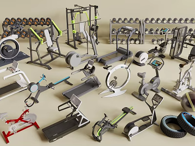 Diverse Fitness Equipment Collection For Home Gym With Treadmills Dumbbells And Machines 3d model